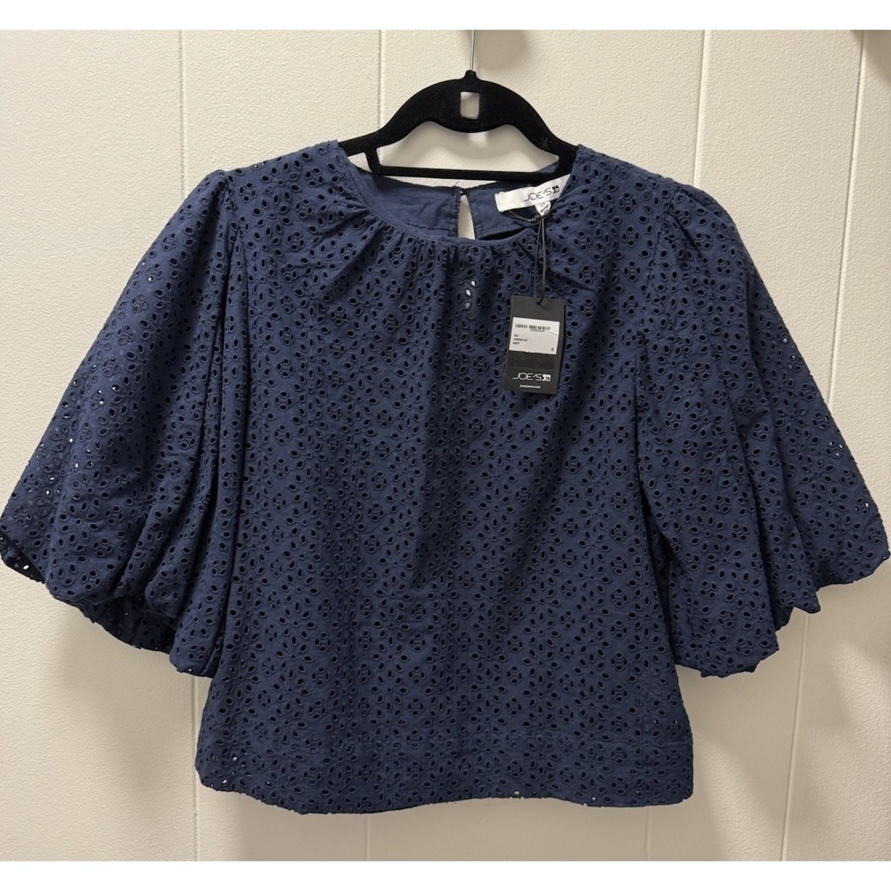 Joe's Jeans Women's Navy Eyelet Lace Puff Sleeve Blouse Size XS NWT Cotton $228